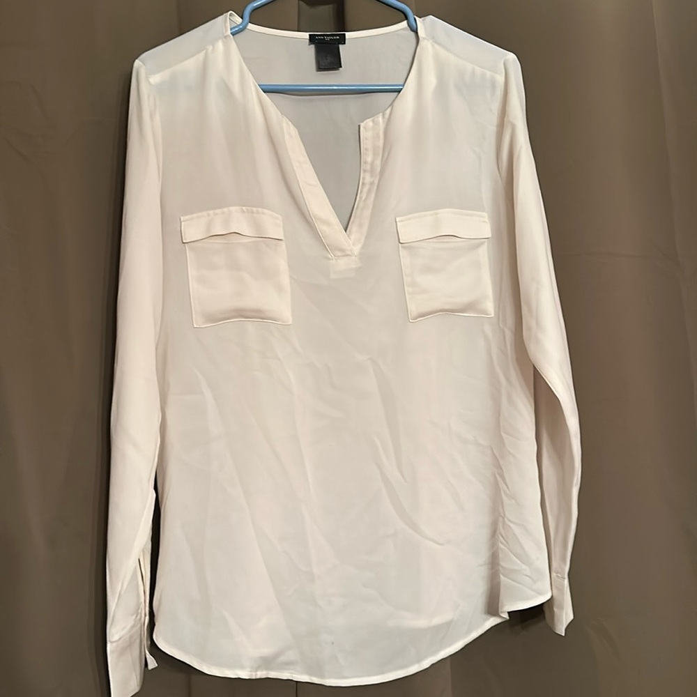Ann Taylor Long Sleeve V-Neck Blouse - Cream